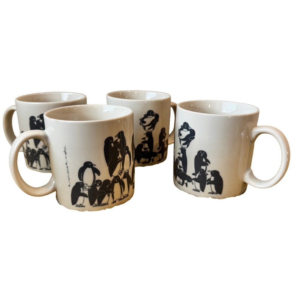Vtg 1979 Taylor & Ng Naughty Penguins Mug Set of 4 Grey Animates Japan Rare